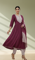 Wine and Lilac Embroidered Anarkali 3-Piece Salwar Set - Front View