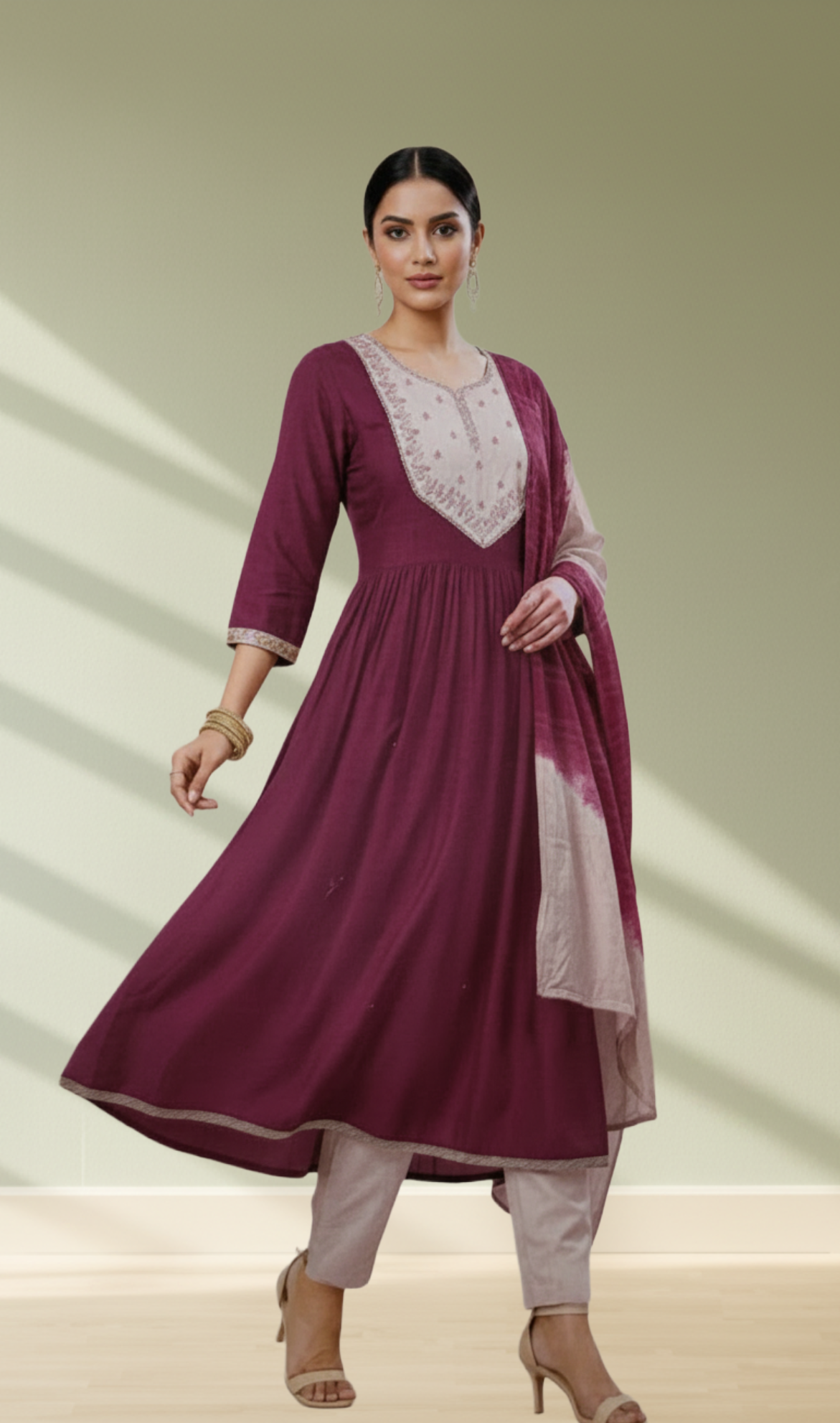 Wine and Lilac Embroidered Anarkali 3-Piece Salwar Set - Front View