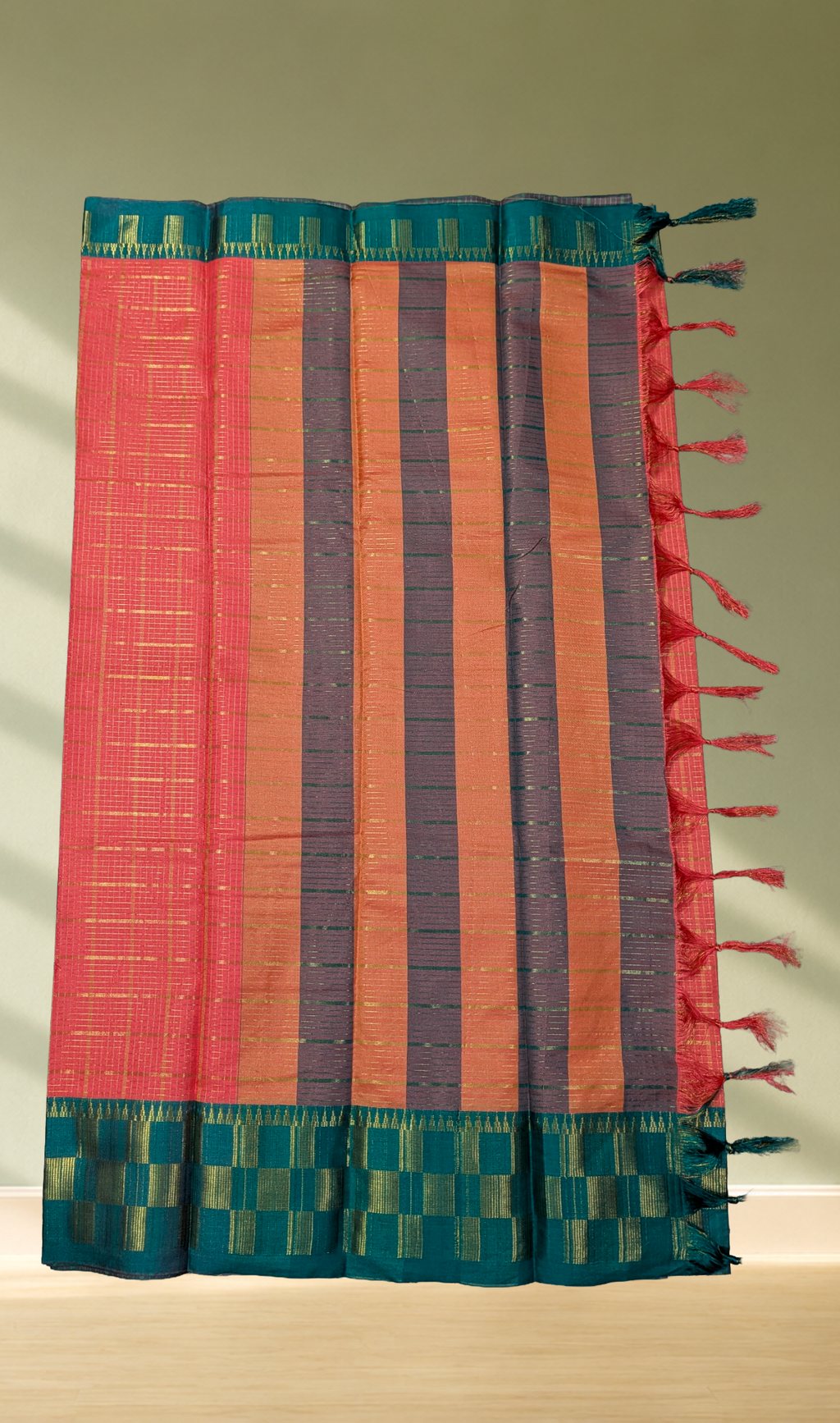 Fancy Saree with Teal Zari Border & Multicolour Stripe Pallu