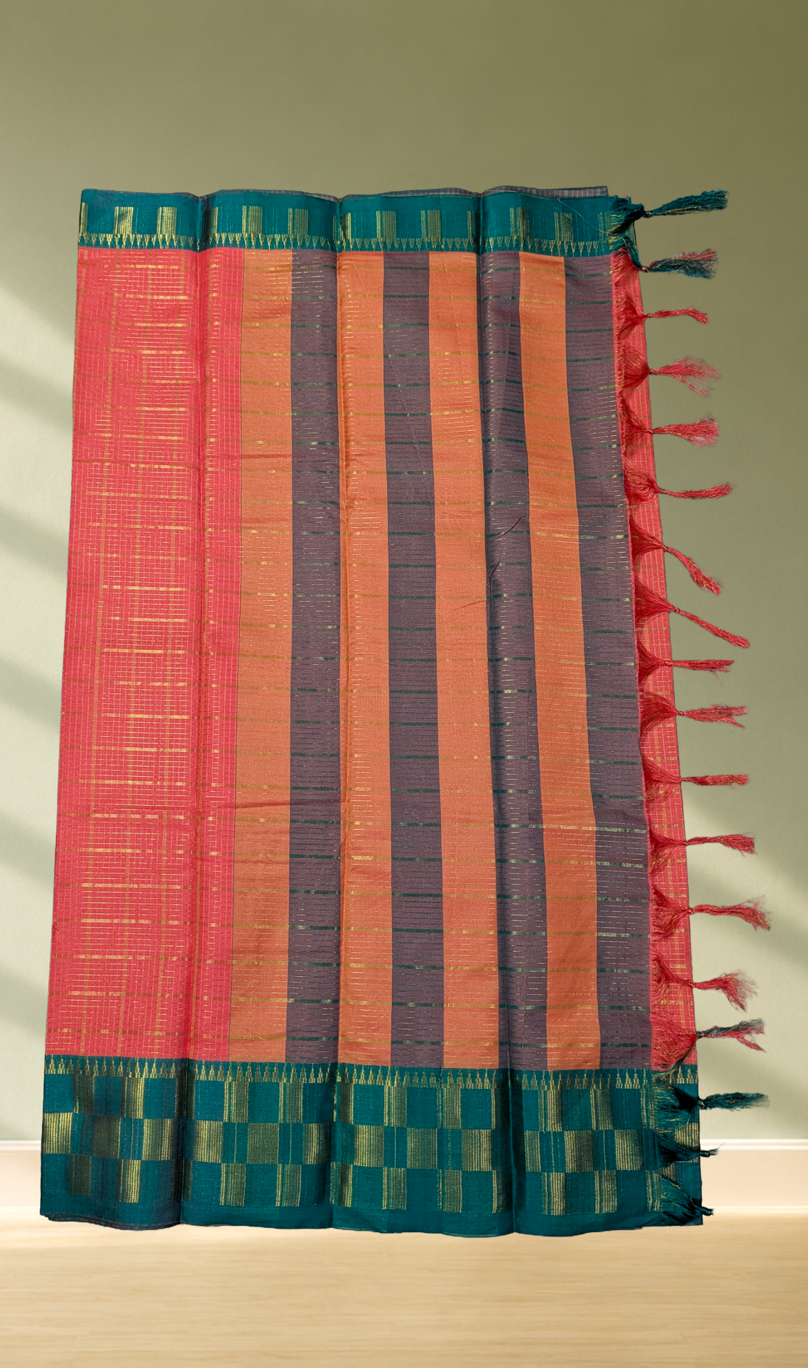 Fancy Saree with Teal Zari Border & Multicolour Stripe Pallu