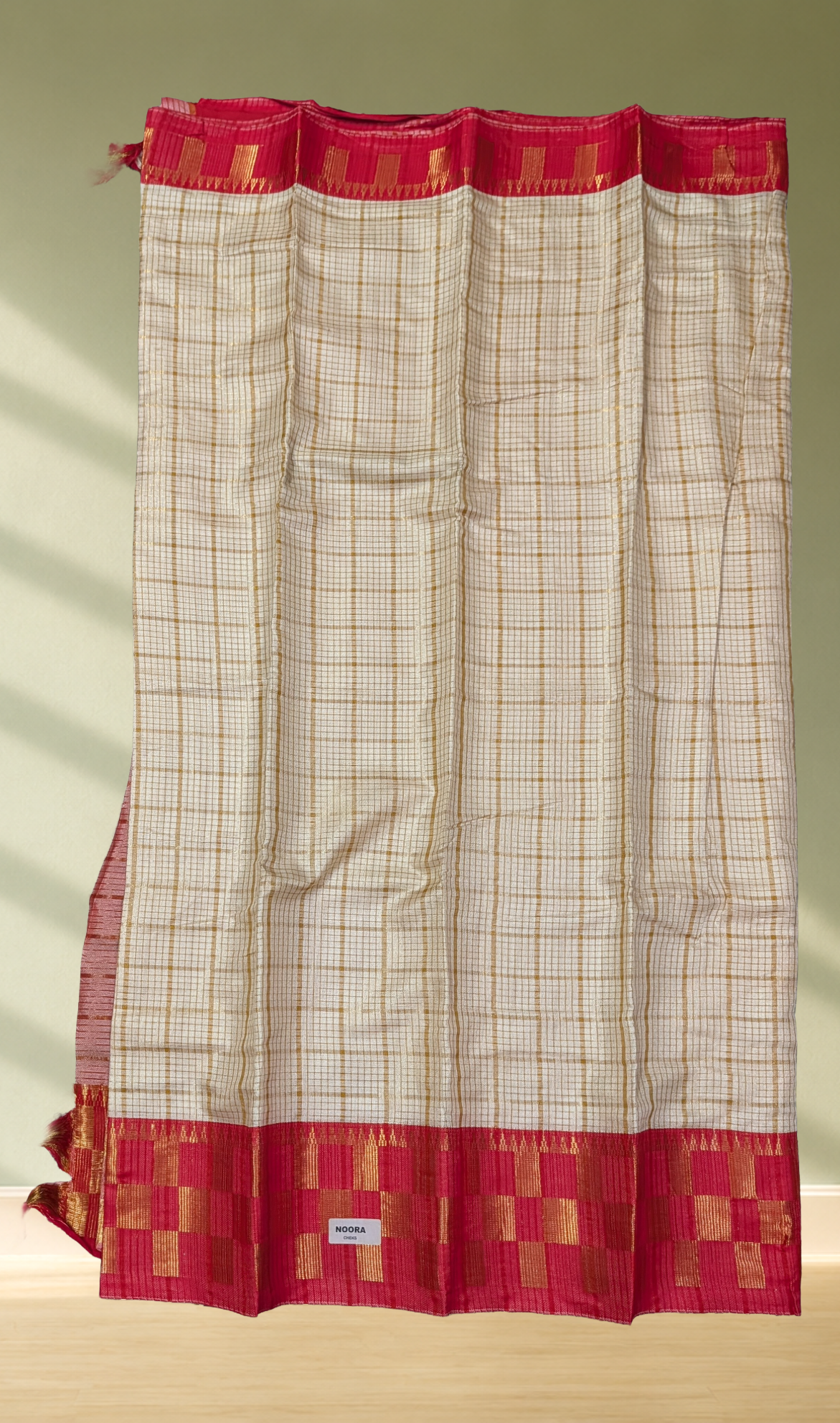 Off-White Fancy Saree with Crimson Red Zari Border & Multicolour Stripe Pallu