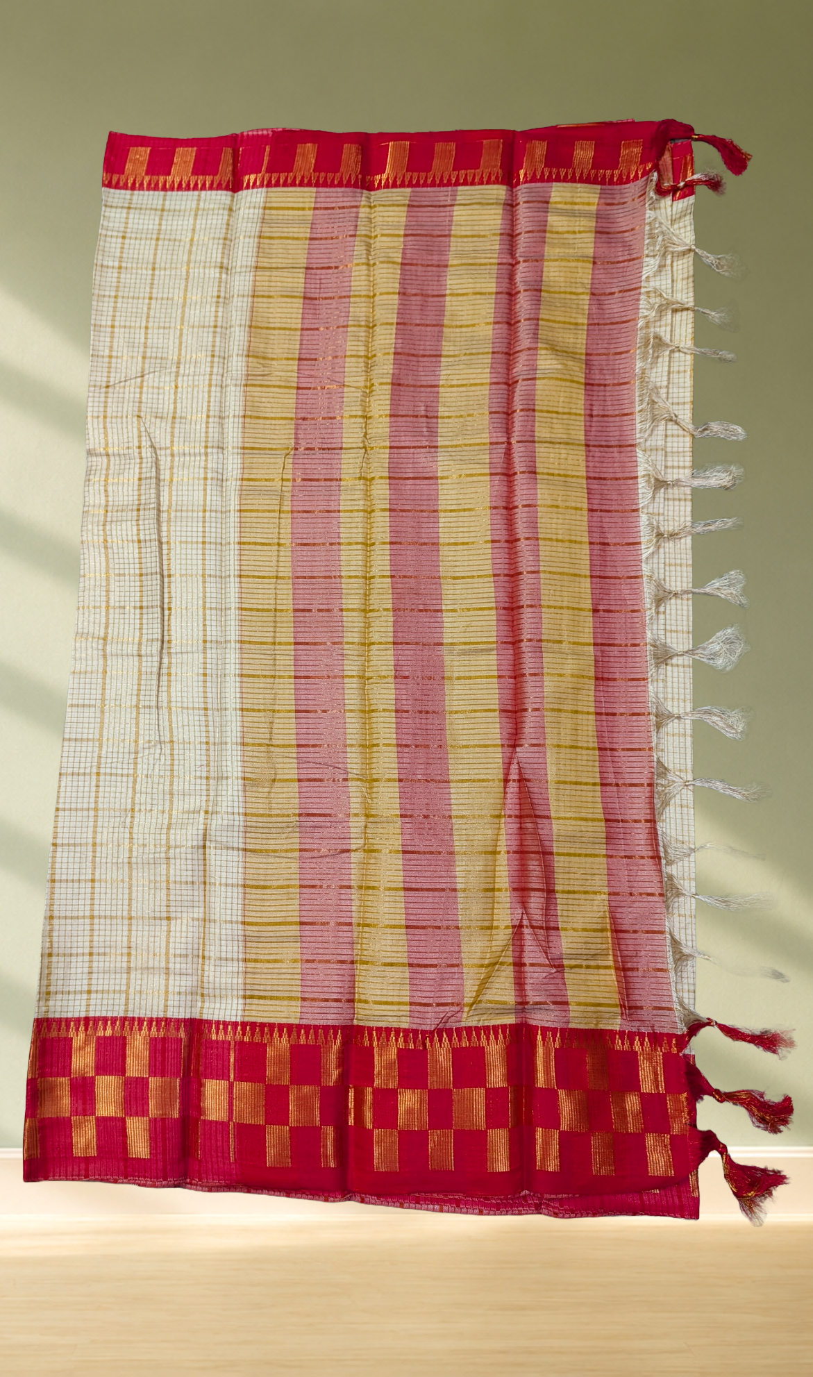 Off-White Fancy Saree with Crimson Red Zari Border & Multicolour Stripe Pallu