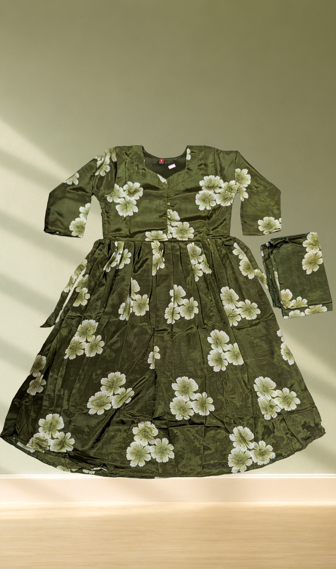 Dark Olive Green Floral Anarkali Gown with Dupatta