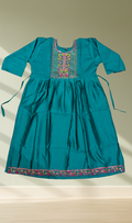 Teal Floral Embroidered Gathered Kurti - Flat Lay View