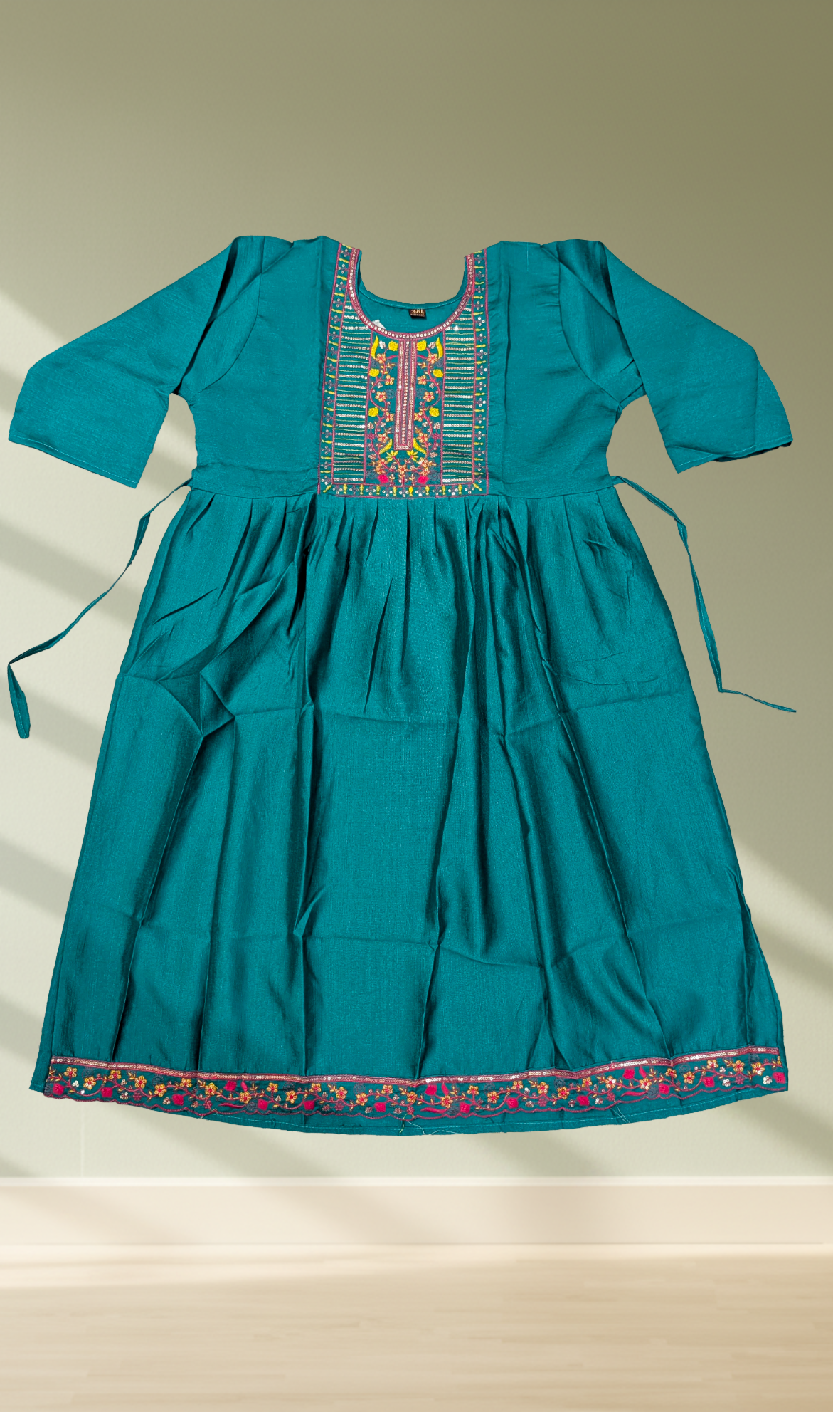 Teal Floral Embroidered Gathered Kurti - Flat Lay View