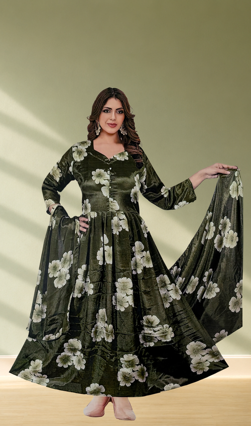 Dark Olive Green Floral Anarkali Gown with Dupatta