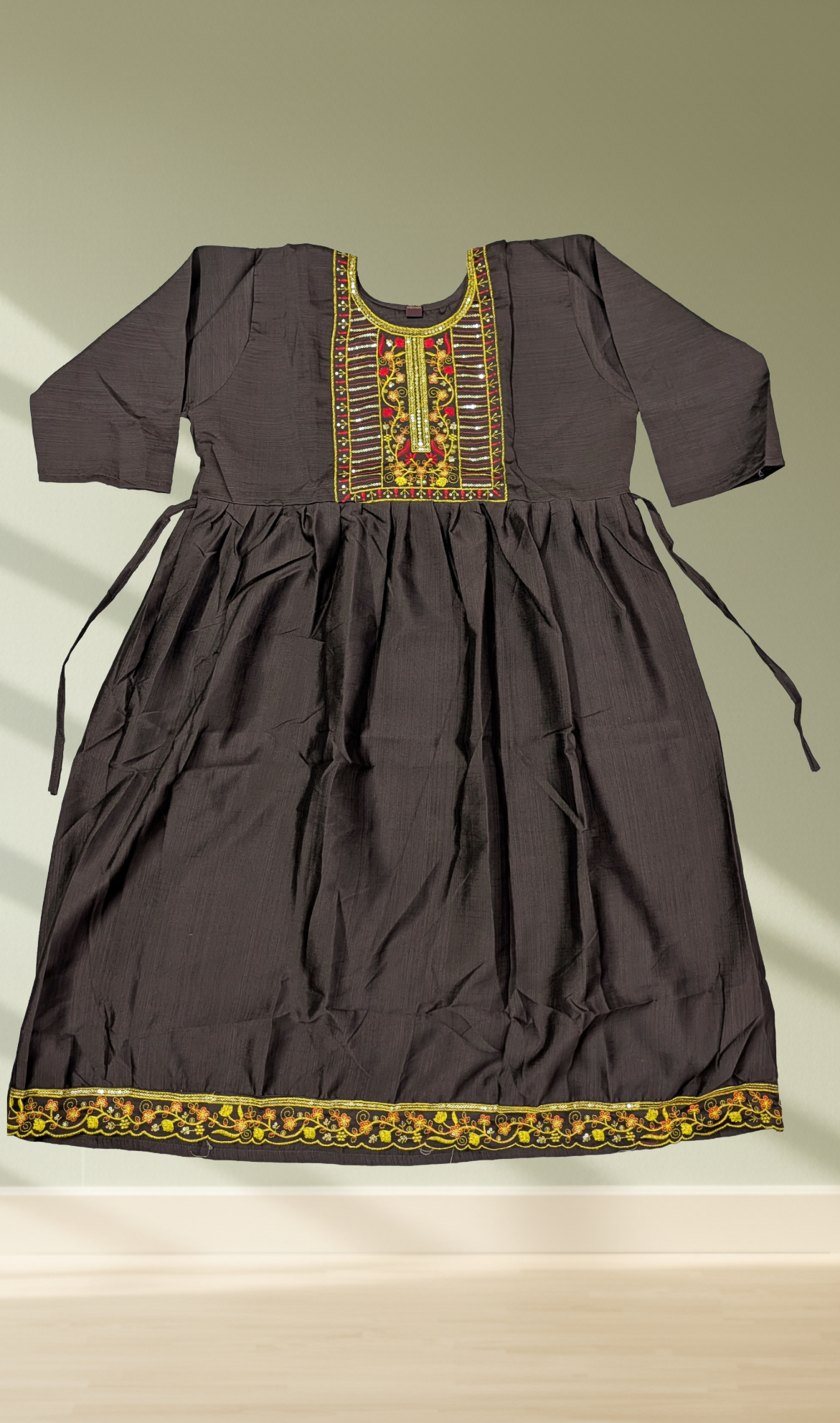 Charcoal Grey Floral Embroidered Gathered Kurti - Flat Lay View