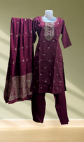 Wine Red Zari Embroidered Kurti with Churidar & Banarasi Dupatta Set