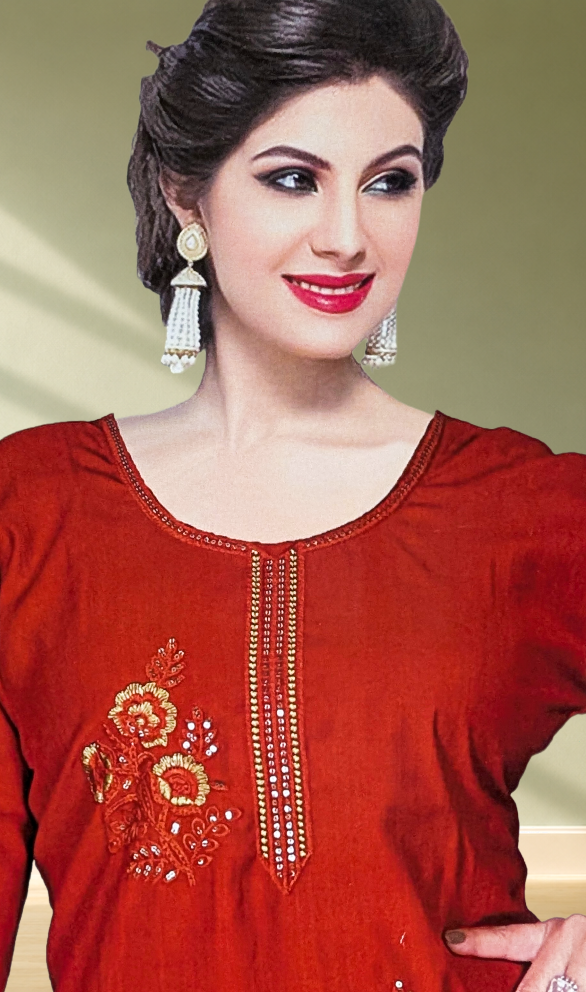 Rust Orange Floral Embroidery Kurti