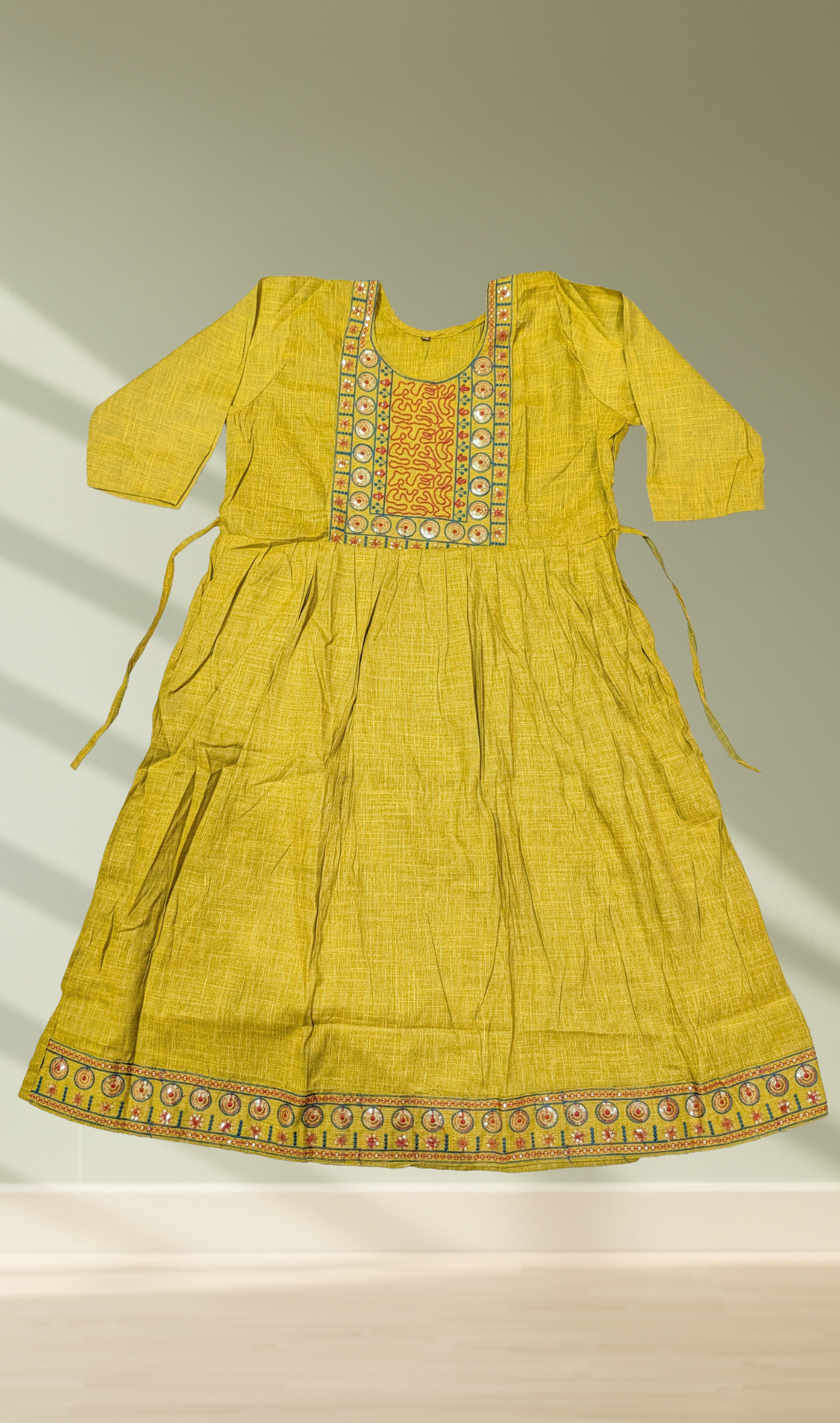 Yellow Mirror Work Tribal Embroidered Gathered Kurti - Flat Lay View