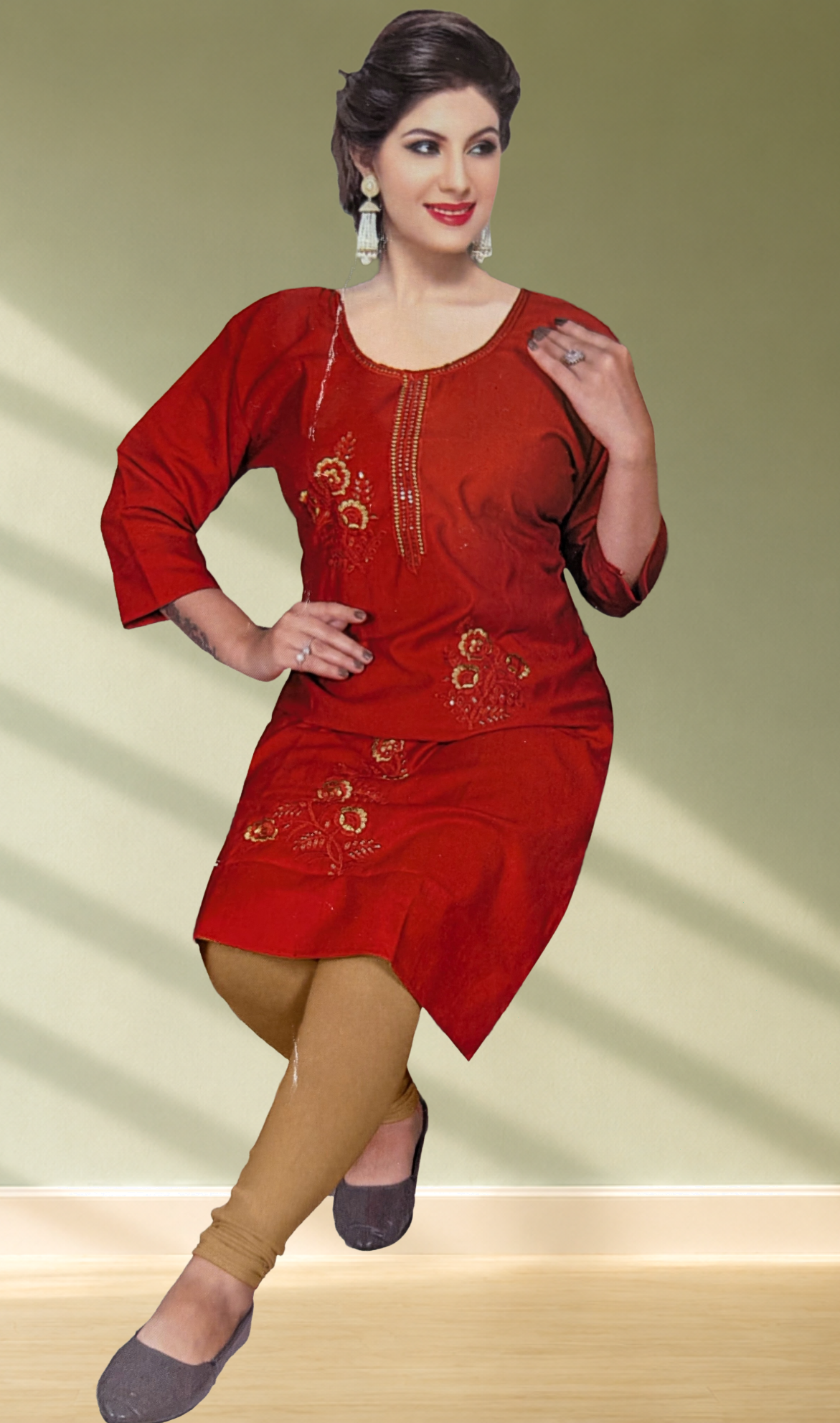 Rust Orange Floral Embroidery Kurti
