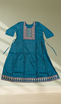 Teal Mirror Work Tribal Embroidered Gathered Kurti - Flat Lay View