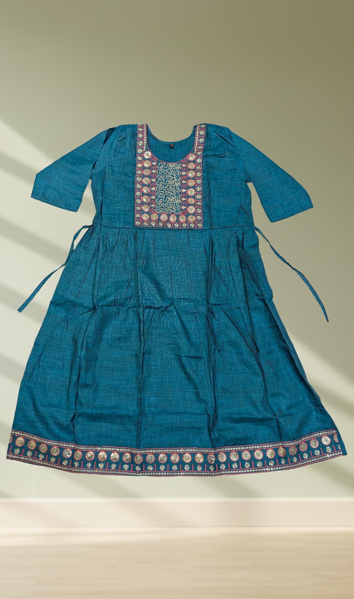 Teal Mirror Work Tribal Embroidered Gathered Kurti - Flat Lay View