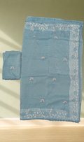 Steel Blue Georgette Saree with Silver Thread Embroidery & Blouse Piece