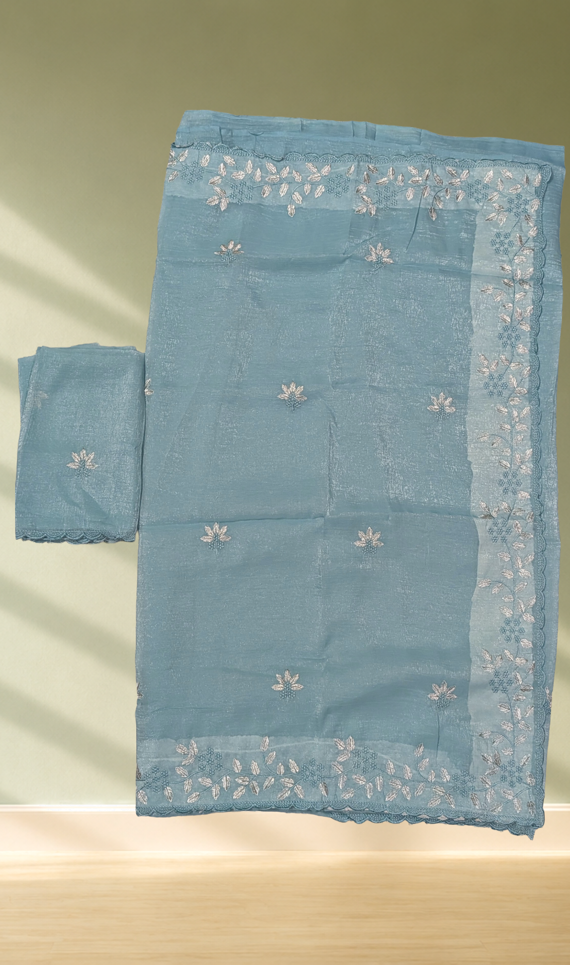 Steel Blue Georgette Saree with Silver Thread Embroidery & Blouse Piece