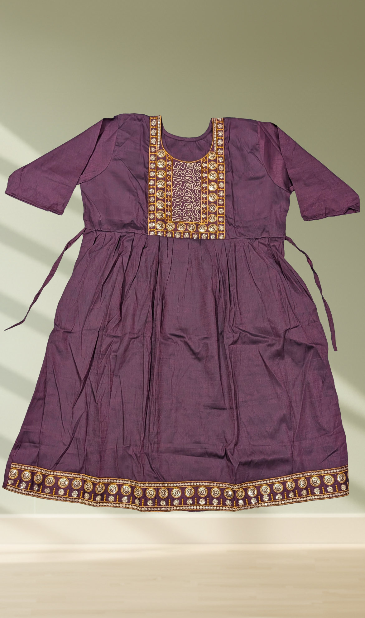 Deep Purple Mirror Work Tribal Embroidered Gathered Kurti - Flat Lay View