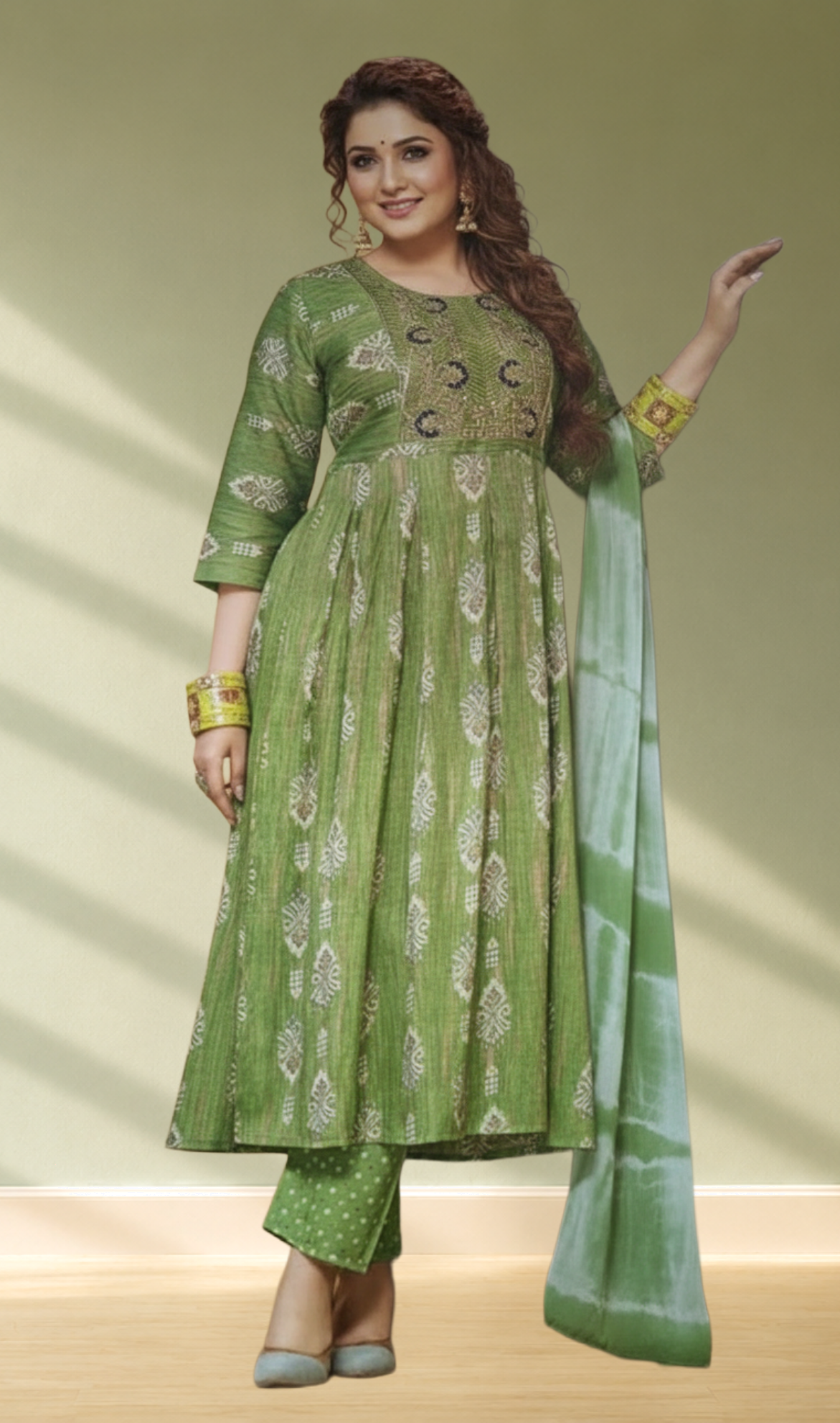 Green Printed Anarkali Kurta Set with Dupatta