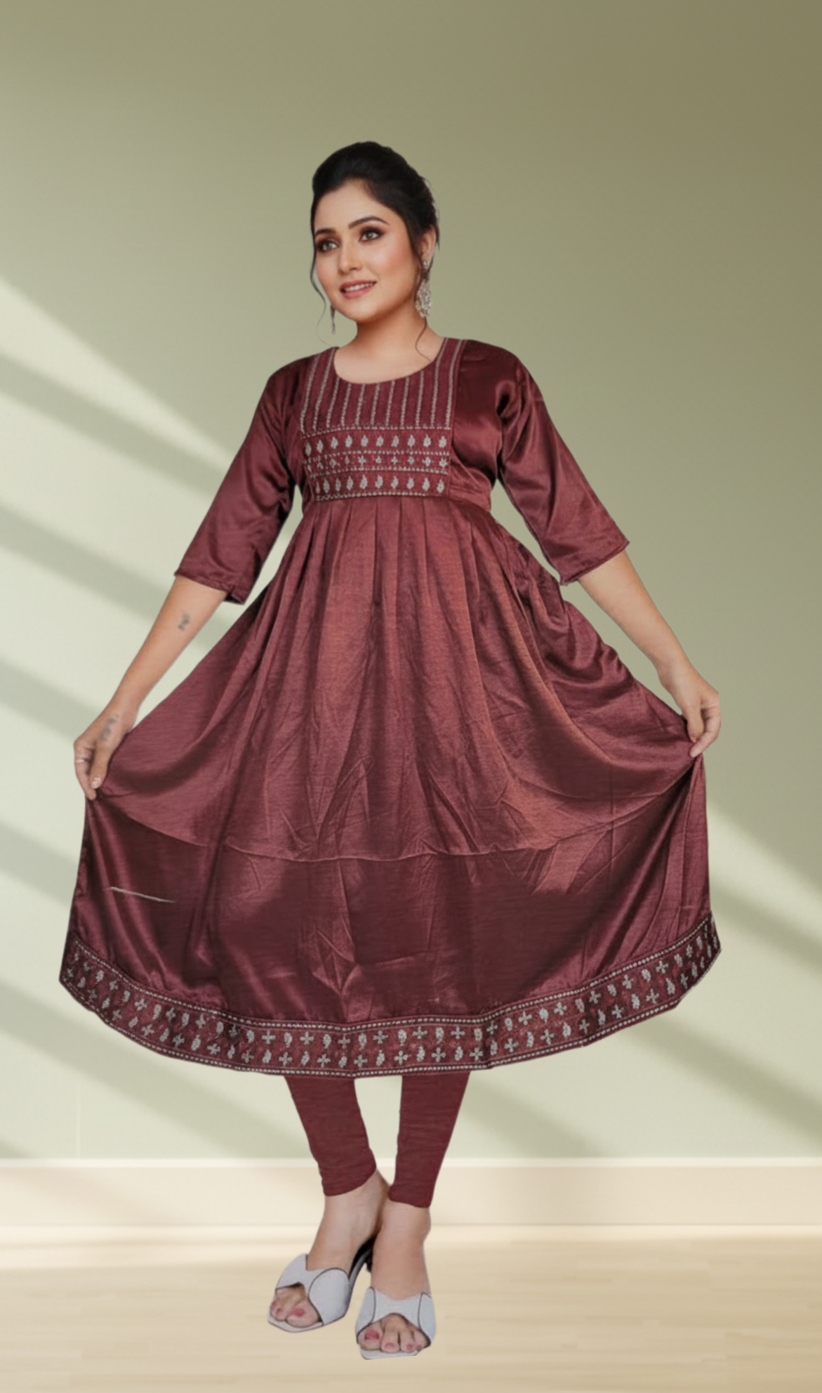 Dusty Mauve Sequin Embroidered Satin Anarkali Kurti - Model View