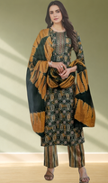 Dark Green Printed Straight Kurta Salwar Set with Mustard Dupatta
