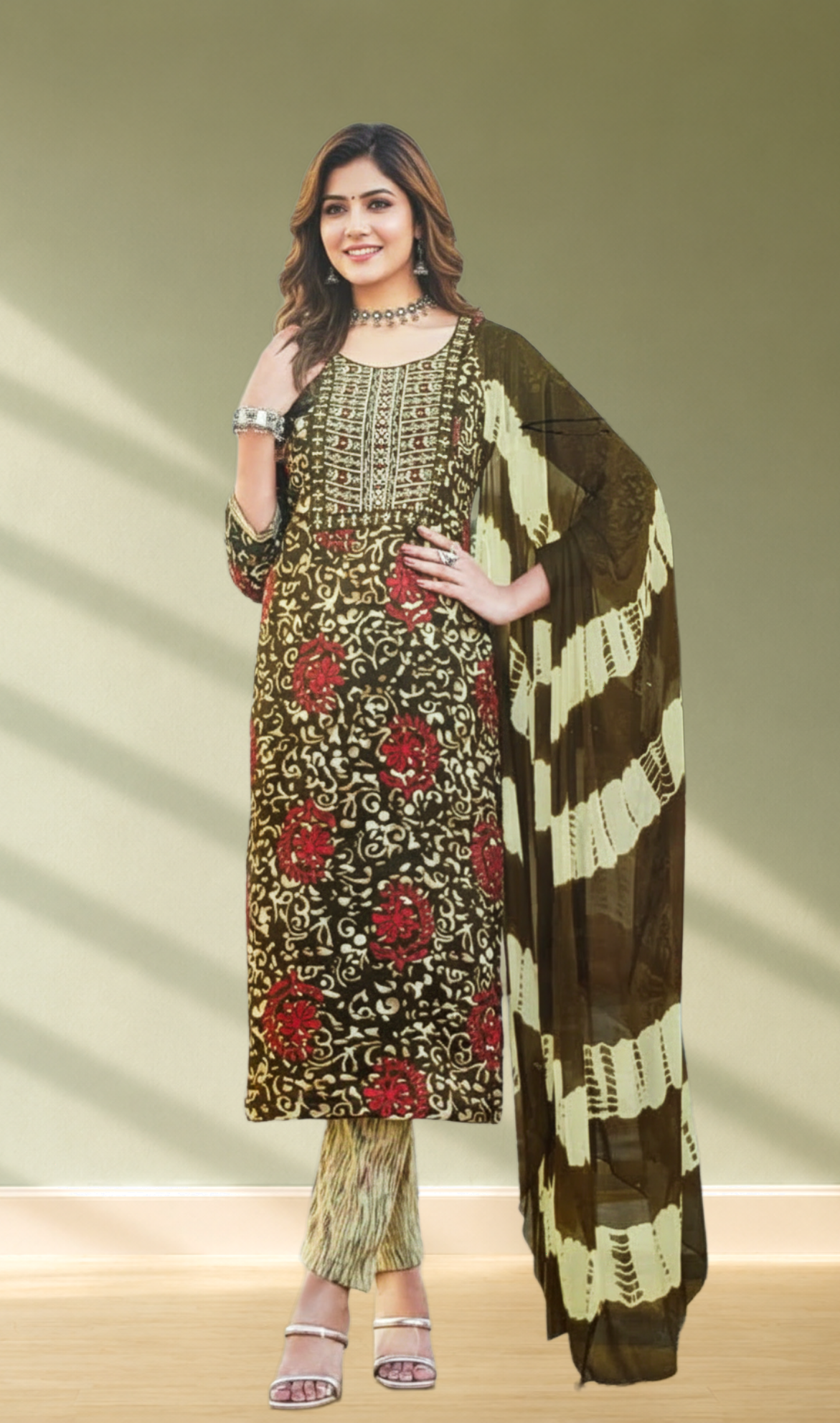 Dark Brown Floral Printed Straight Kurta Set with Shibori Dupatta