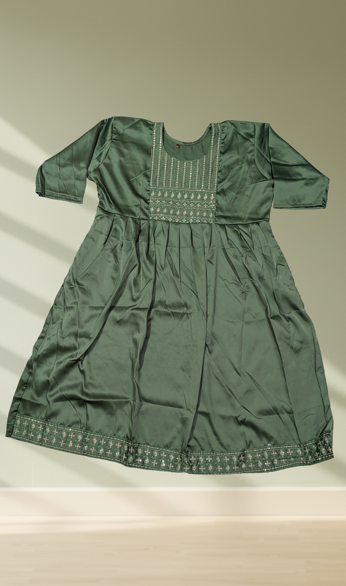 Olive Green Sequin Paisley Embroidered Satin Anarkali Kurti - Flat Lay View