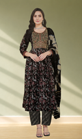 Black Floral Printed Anarkali Kurta Set with Shibori Dupatta