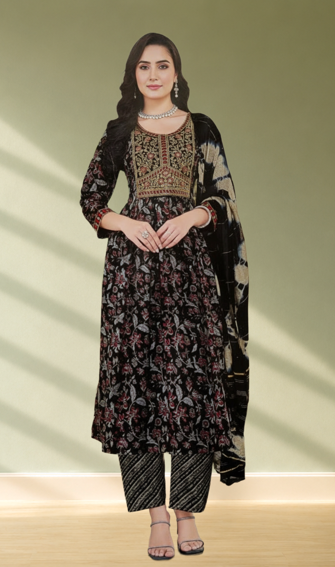 Black Floral Printed Anarkali Kurta Set with Shibori Dupatta