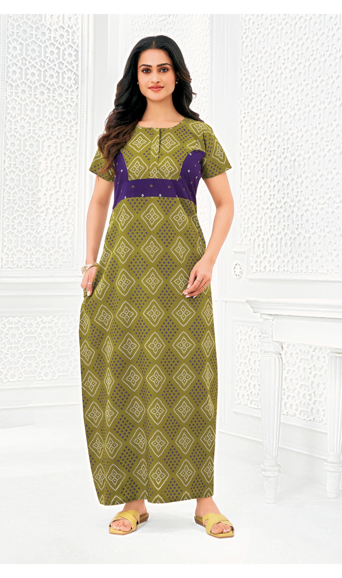Olive green with purple cotton nighty