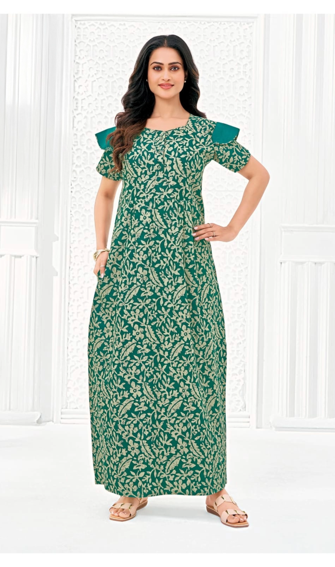 Green Floral Print cotton Nighty with Flutter Sleeves