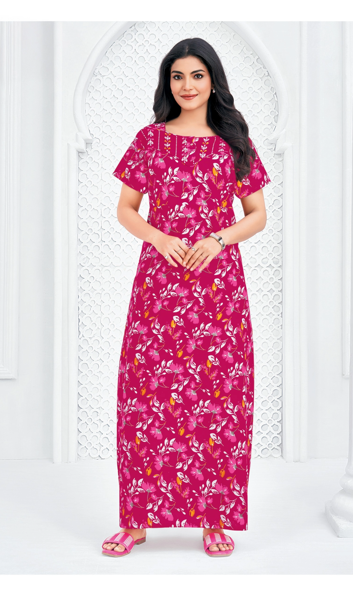 Pink Floral Cotton Nighty