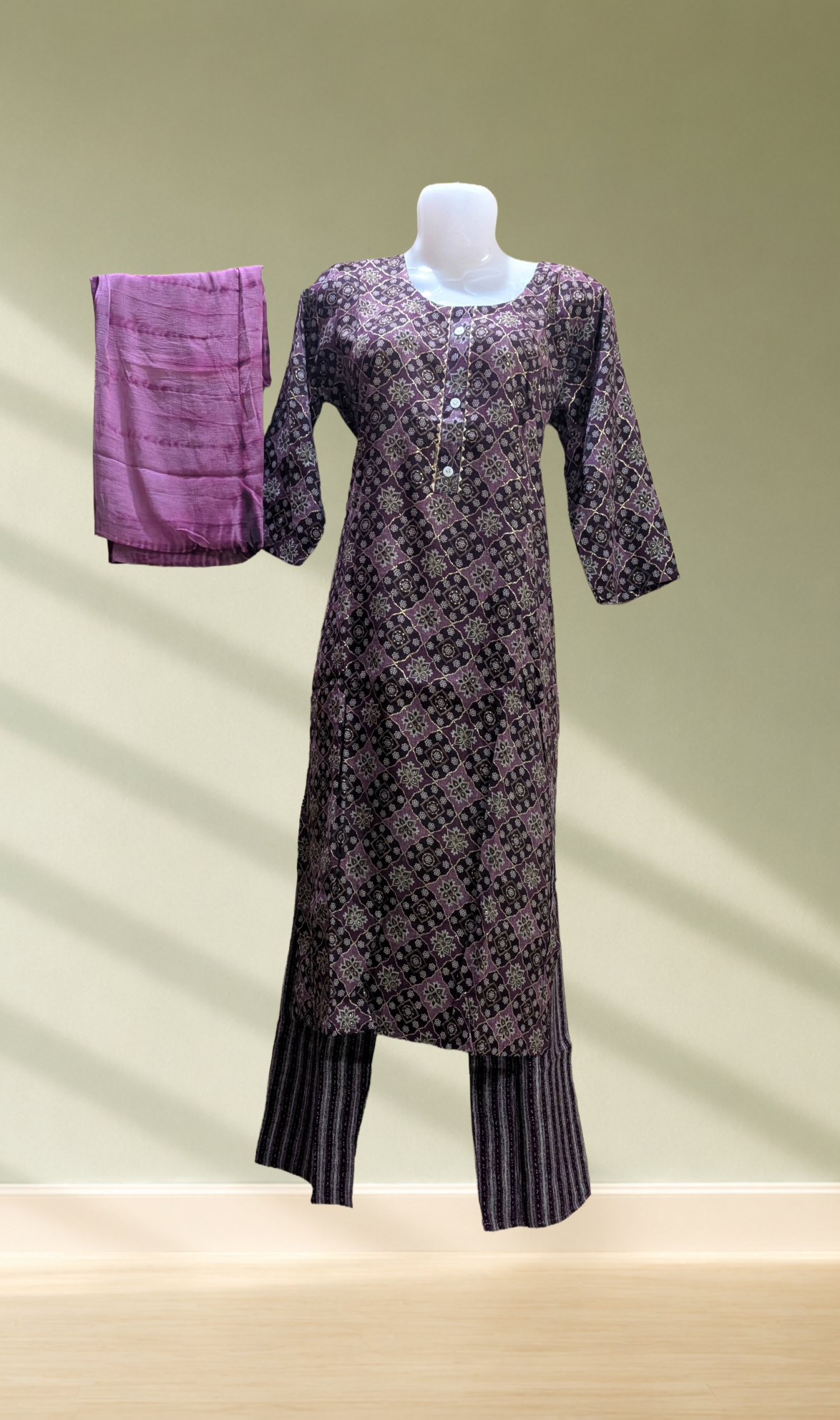 Dark Purple Printed Kurti Set with Palazzo & Dupatta