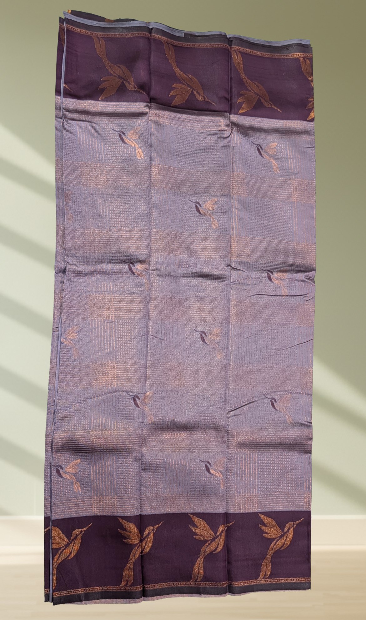 Lavender Fancy Tussar Silk Saree full view with golden hummingbird motifs and deep purple border