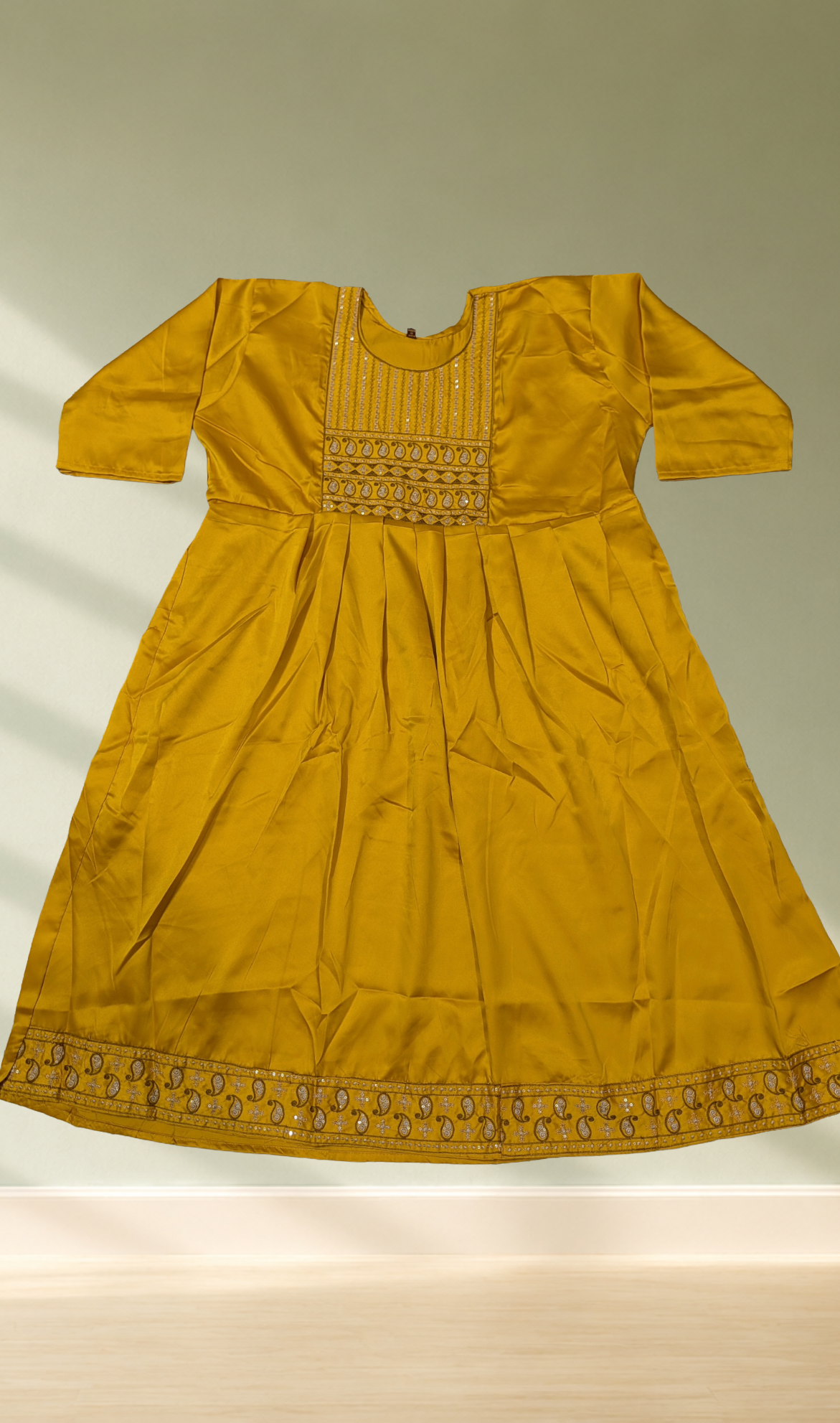 Mustard Yellow Embroidered Anarkali Kurti - Front View