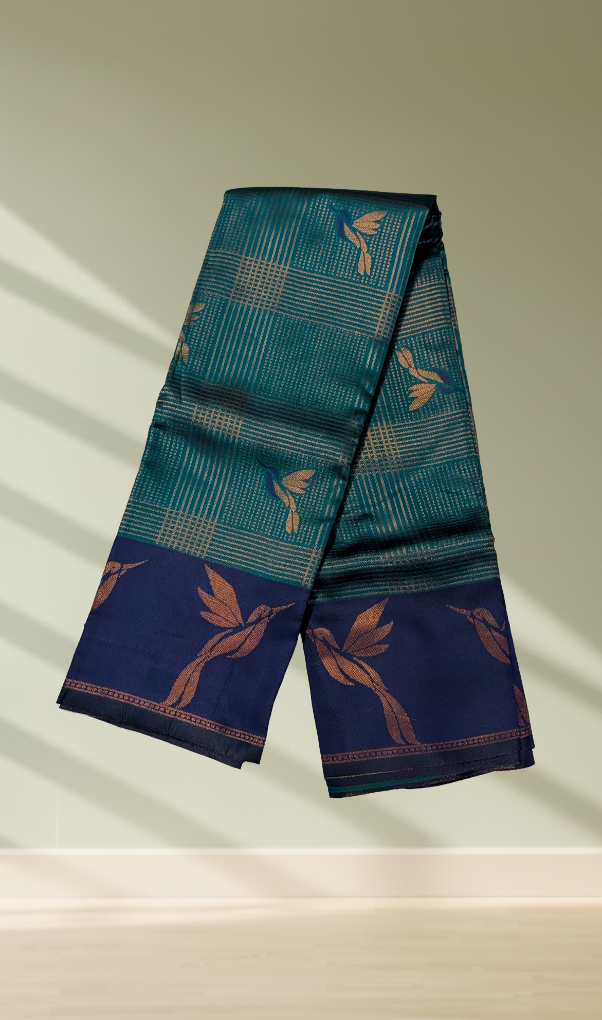 Teal & Navy Blue Bird Motif Silk Saree