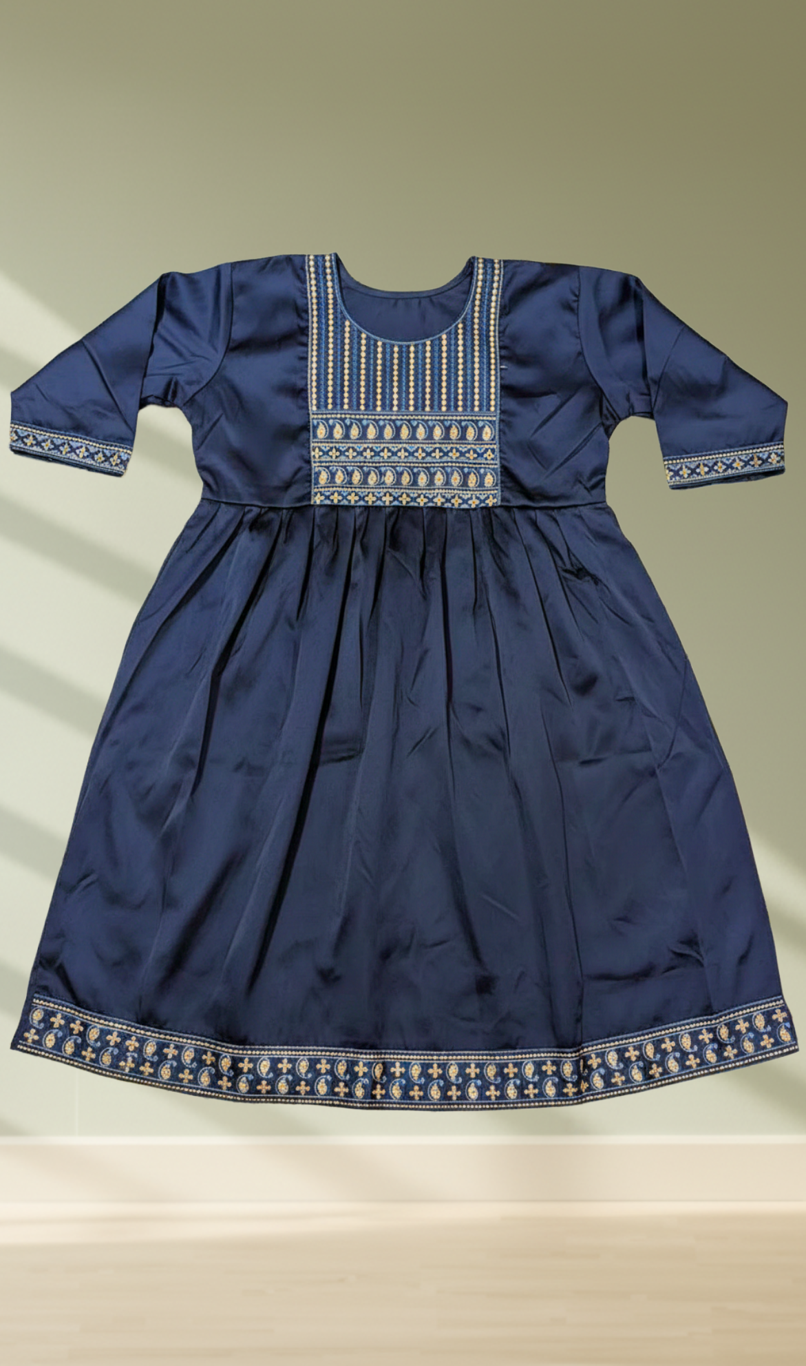 Navy Blue Sequin Paisley Embroidered Satin Anarkali Kurti - Flat Lay View