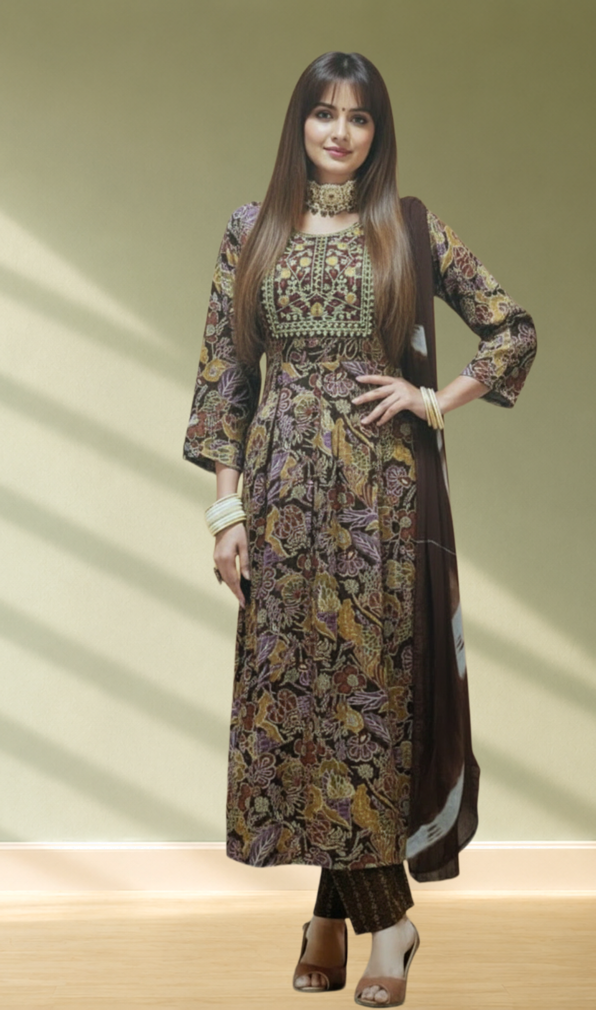 Brown Kalamkari Printed Anarkali Kurta Set with Dupatta