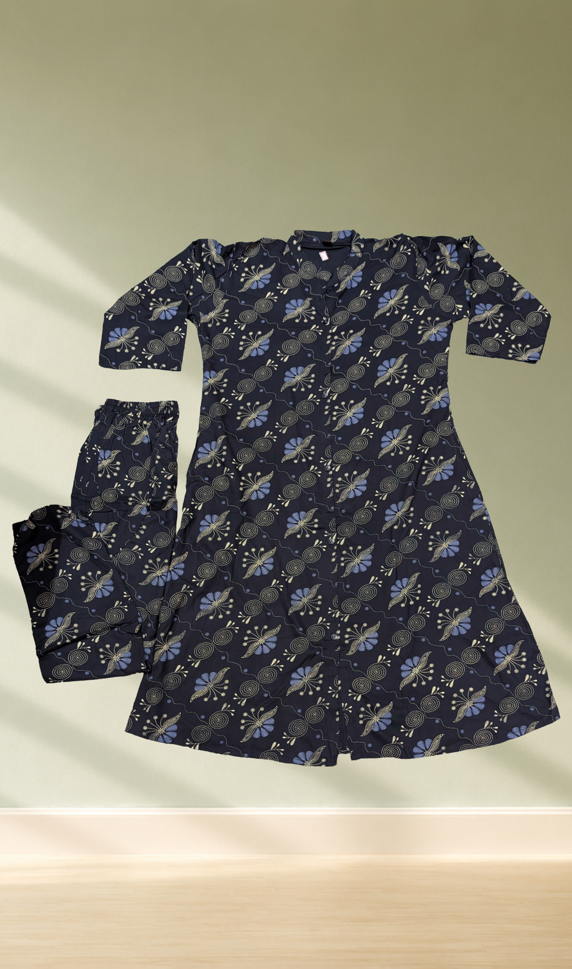 Navy Blue Floral Print A-Line Kurti with Pants Set