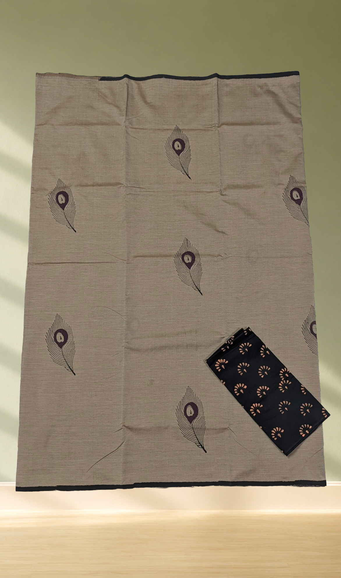 Beige Peacock Feather Printed Saree with Dark Blue Printed Blouse Piece