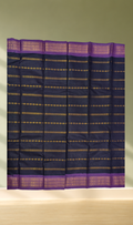 Navy Blue Zari Stripe Cotton Saree with Purple Zari Border