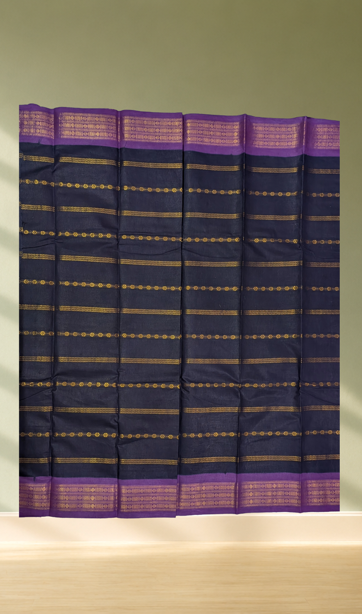 Navy Blue Zari Stripe Cotton Saree with Purple Zari Border