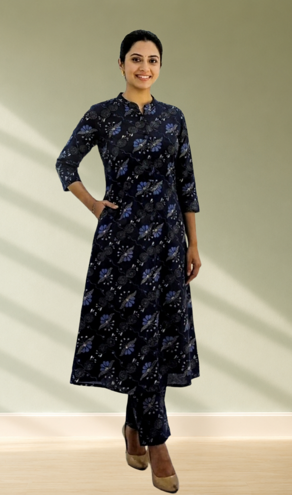Navy Blue Floral Print A-Line Kurti with Pants Set