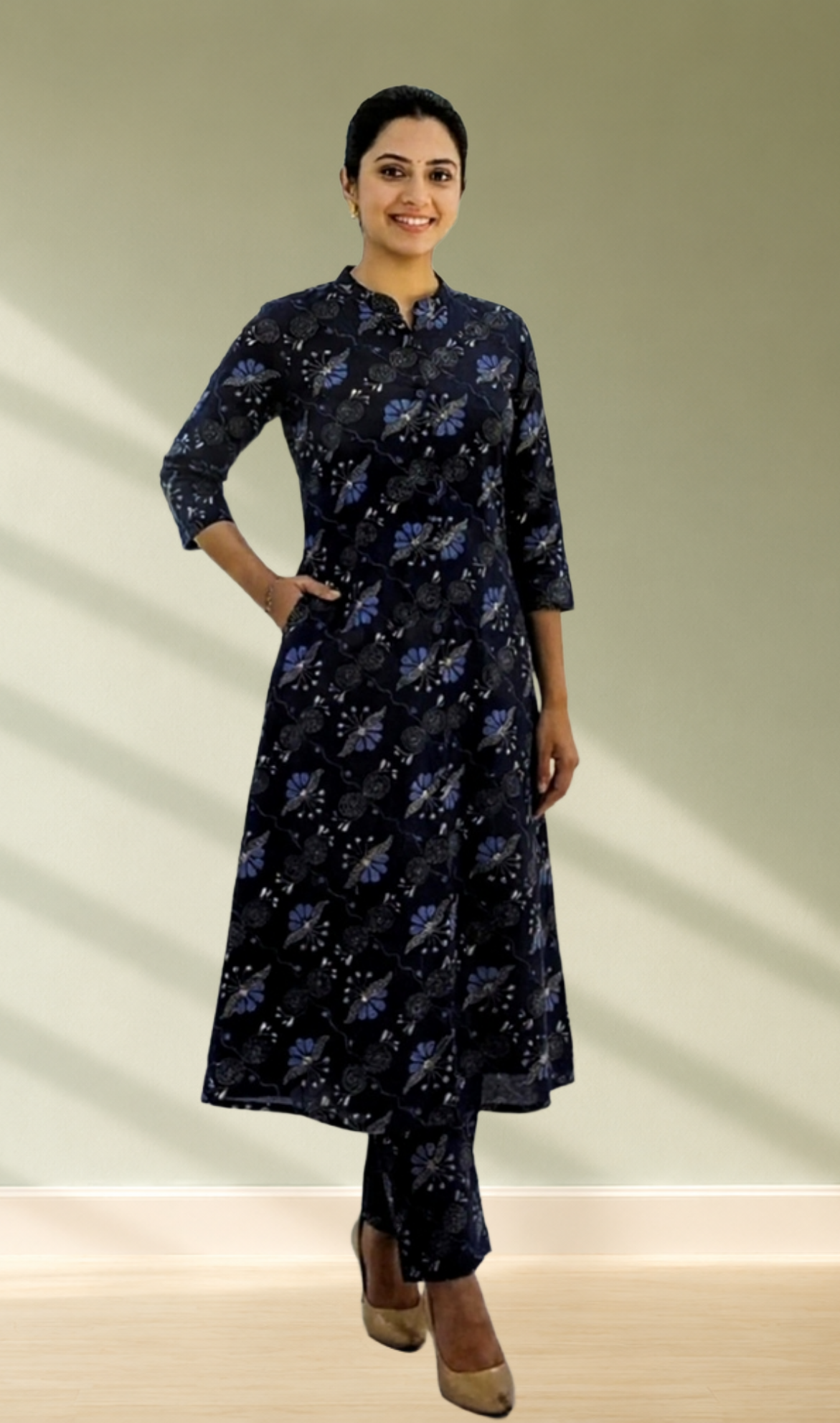 Navy Blue Floral Print A-Line Kurti with Pants Set