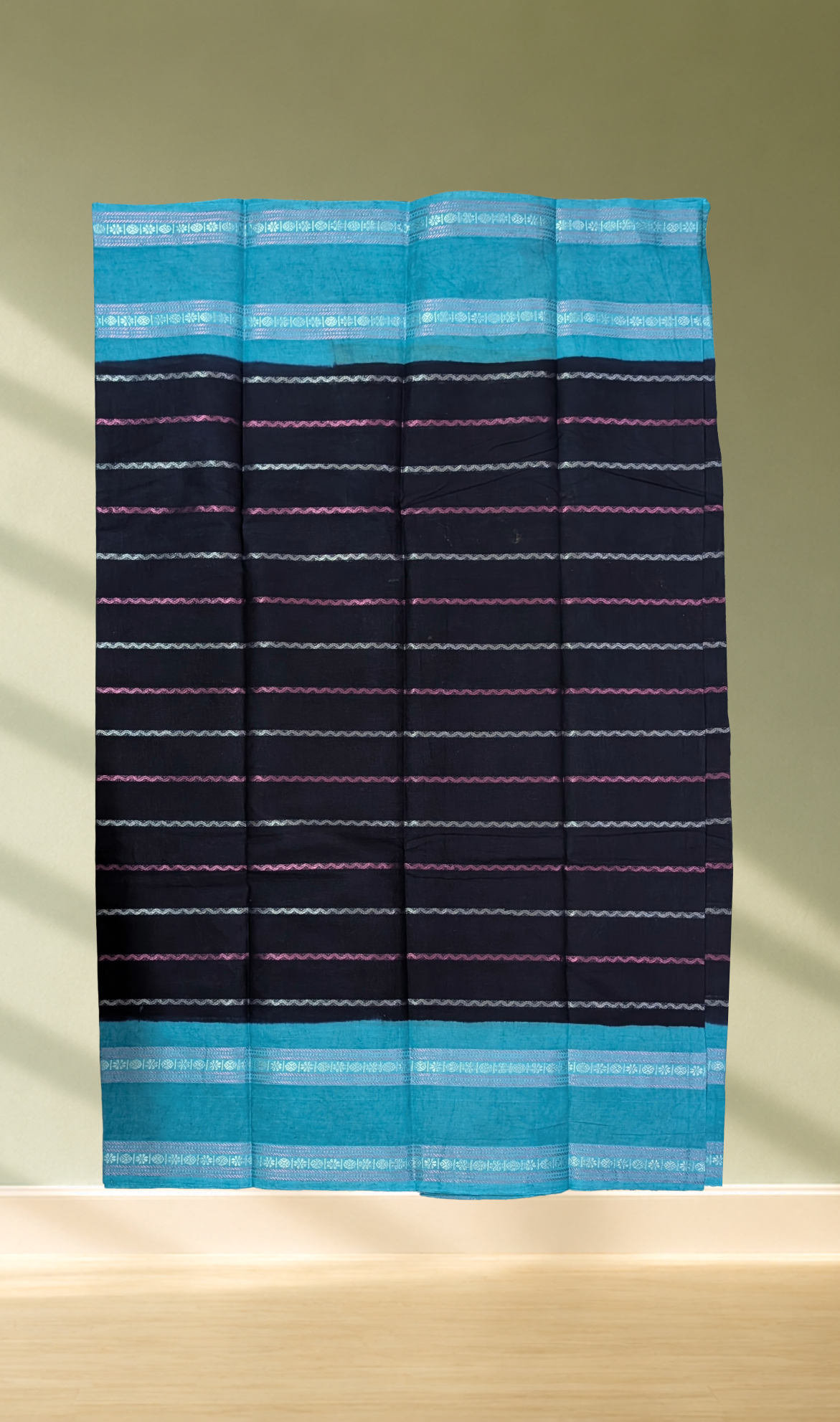 Black Cotton Saree with Turquoise Zari Border and Pink Silver Stripe Weave