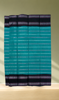 Teal Green Cotton Saree with Black Zari Border - Front View