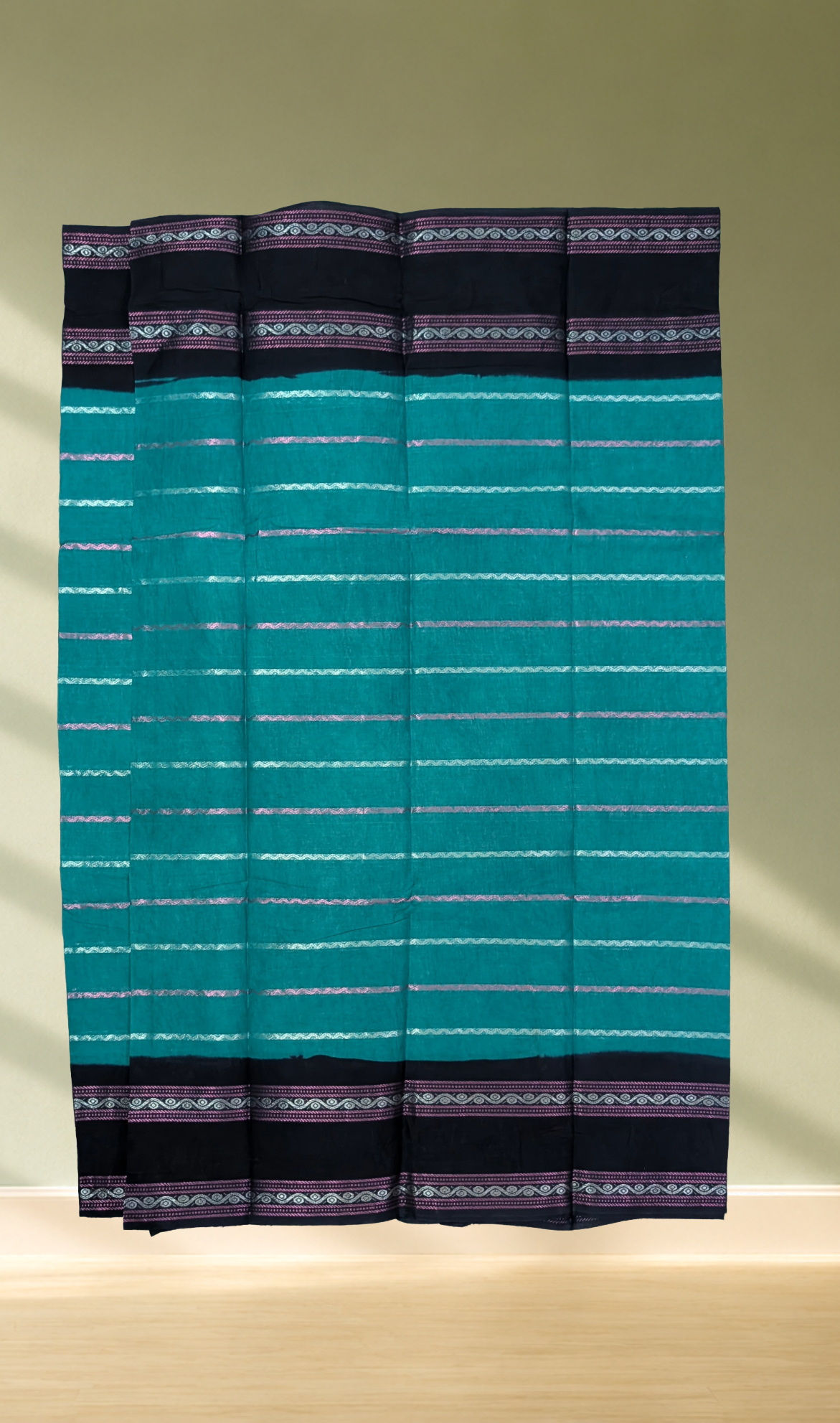 Teal Green Cotton Saree with Black Zari Border - Front View