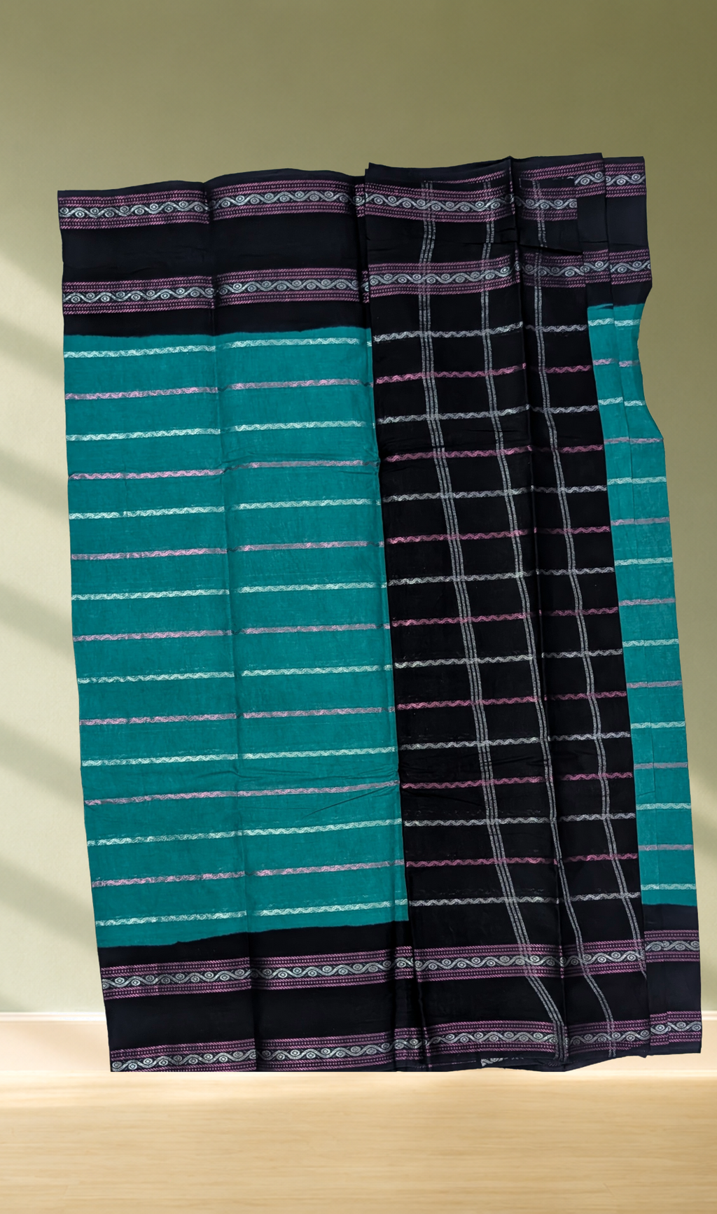 Teal Green Cotton Saree with Black Zari Border - Detail View