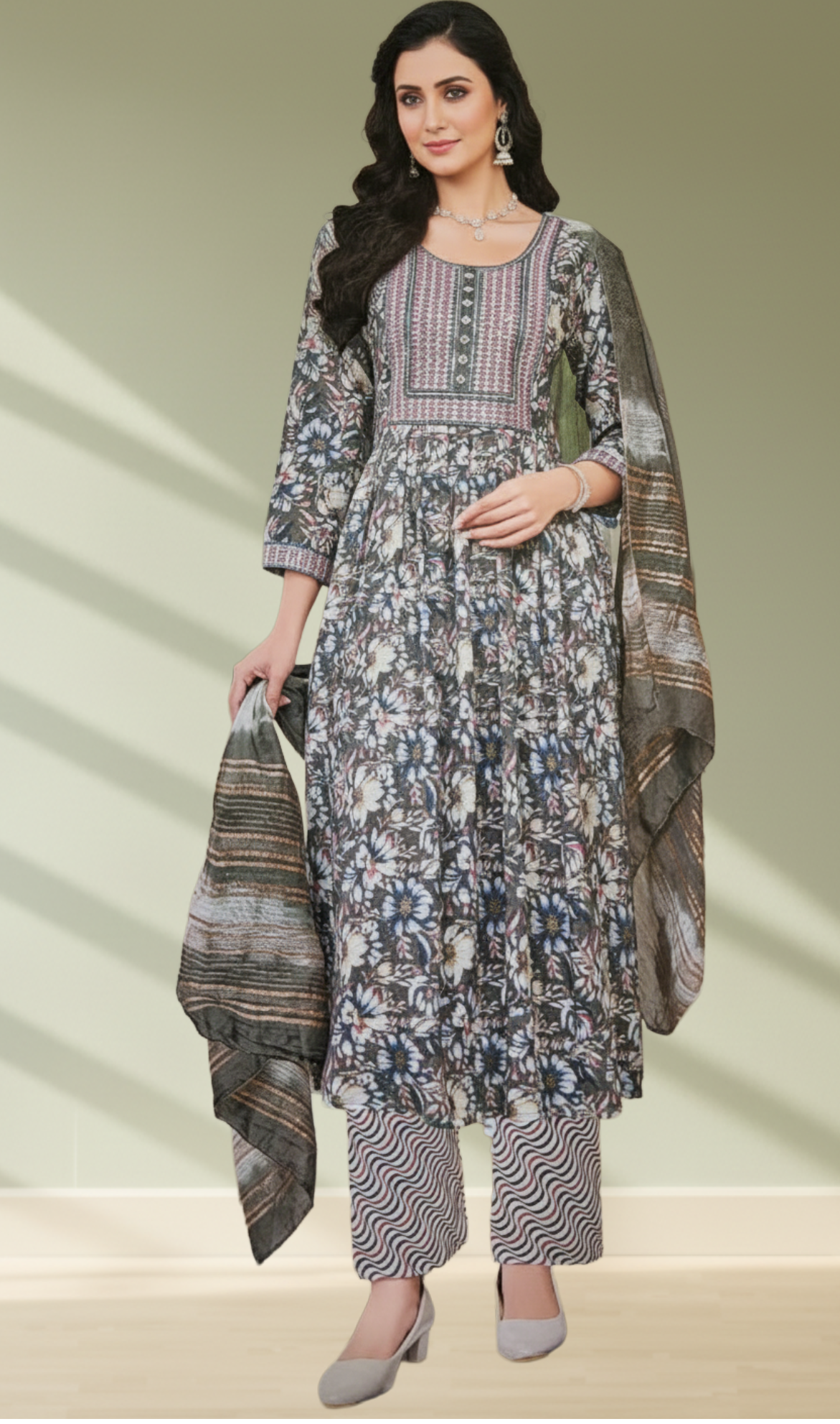 Floral Printed Anarkali Kurta 3 piece Set with Palazzo & Dupatta