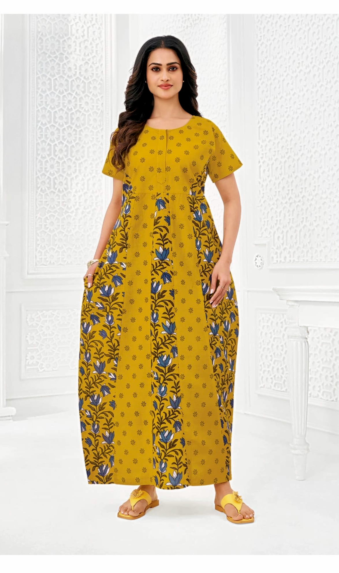 Mustard yellow floral print cotton nighty