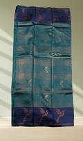 Teal and navy blue bird motif silk saree