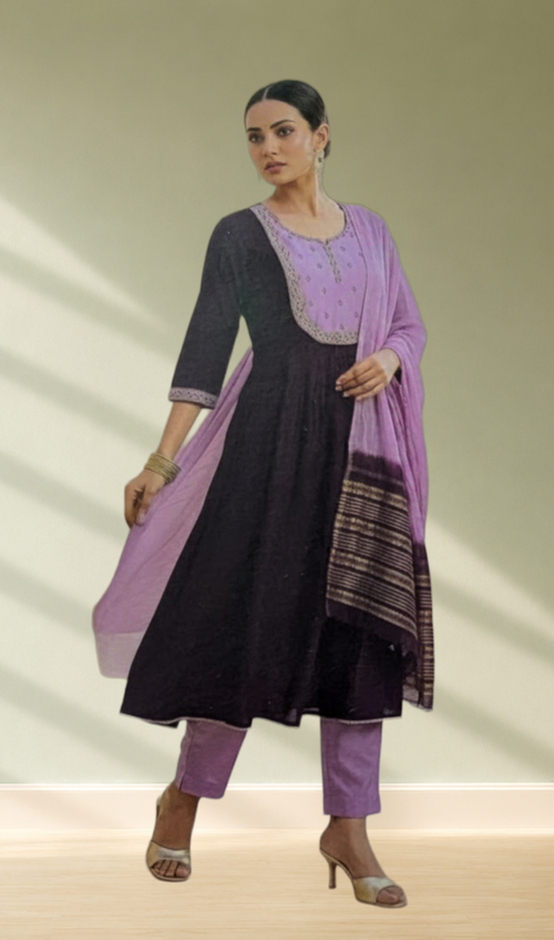 Black and Lavender Embroidered Anarkali 3-Piece Salwar Set - Front View